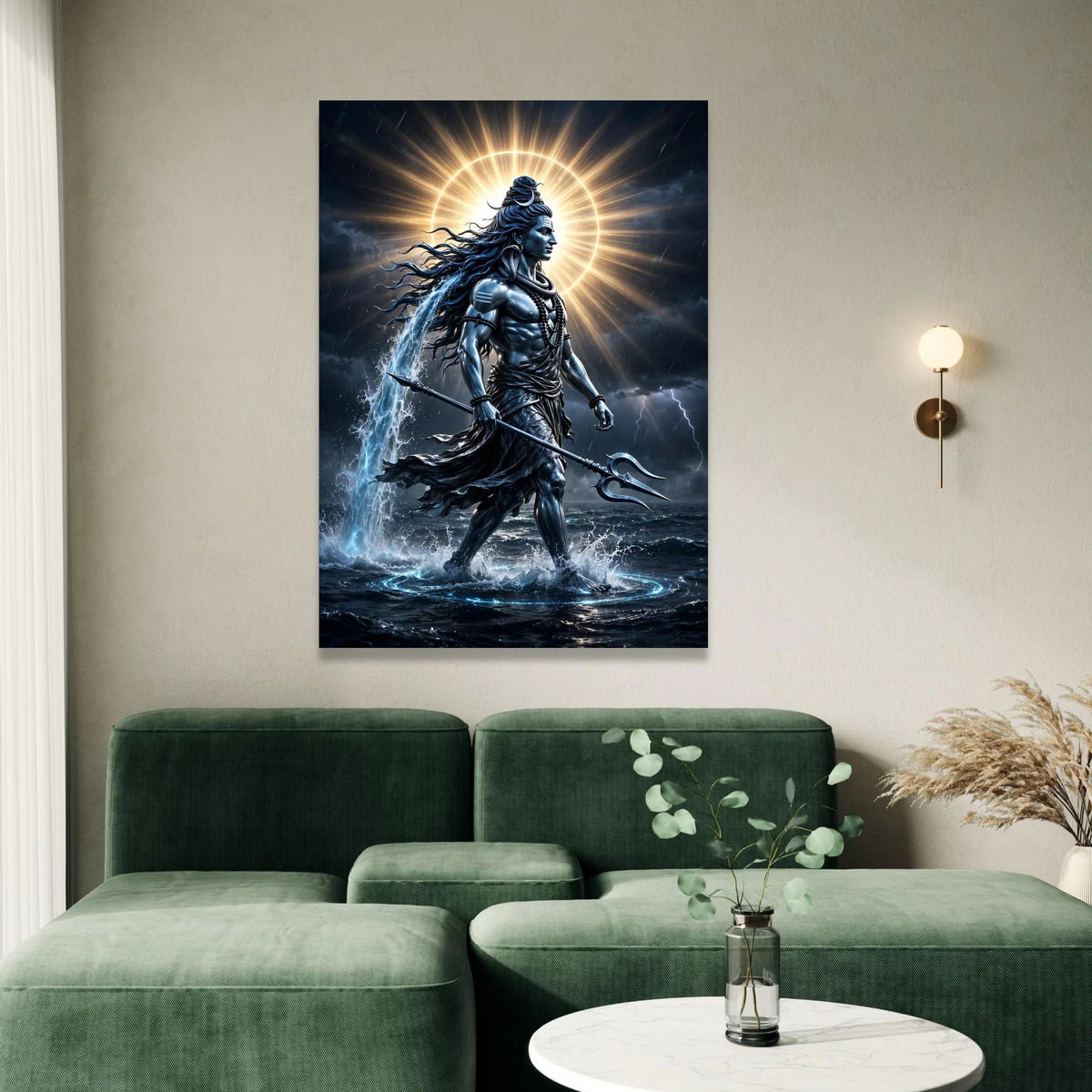 Powerful Shiva God Canvas Wall Art, Hindu Mythology Decor, Trident and Water Element Canvas, Divine Spiritual Wall Hanging, Canvas Print Art