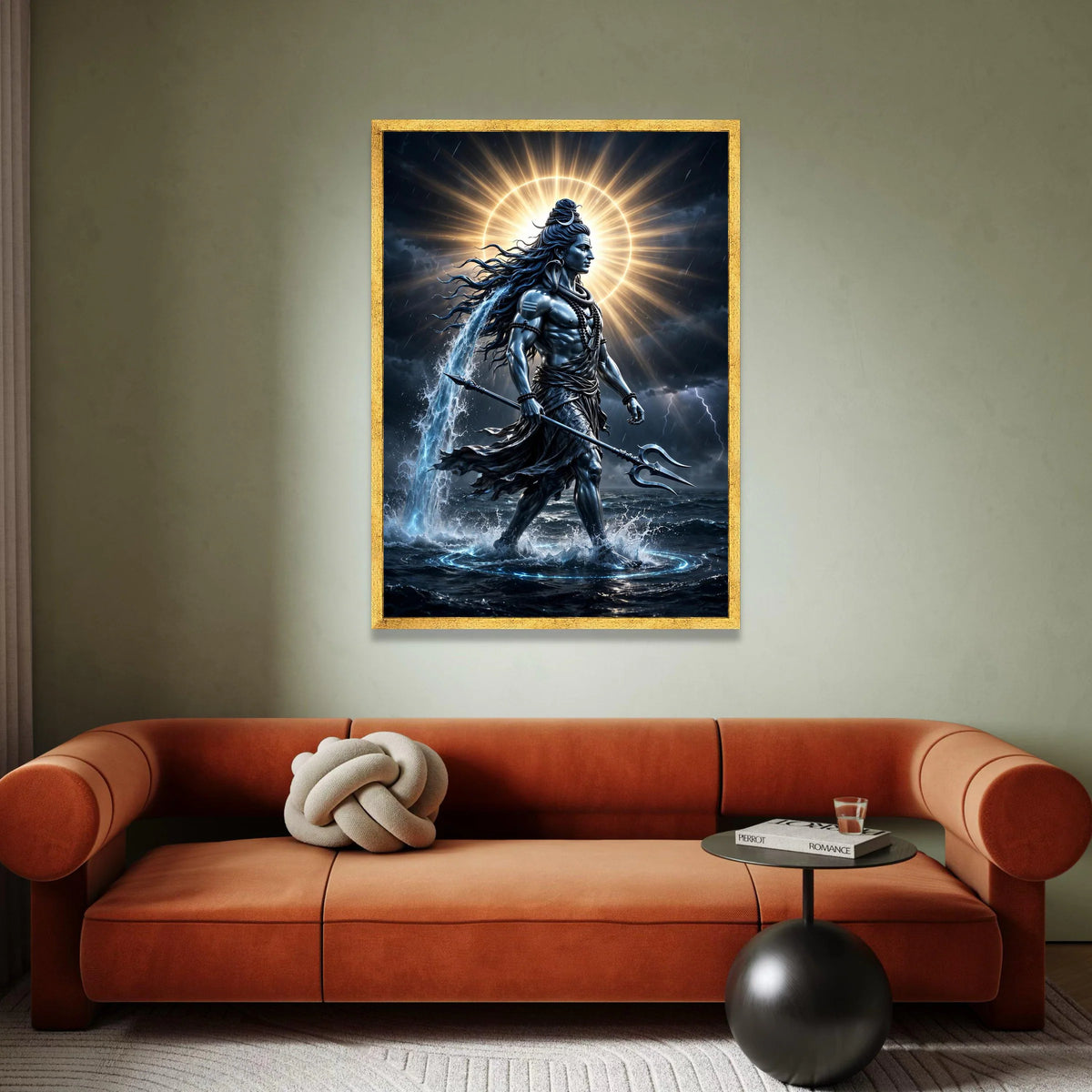 Powerful Shiva God Canvas Wall Art, Hindu Mythology Decor, Trident and Water Element Canvas, Divine Spiritual Wall Hanging, Canvas Print Art