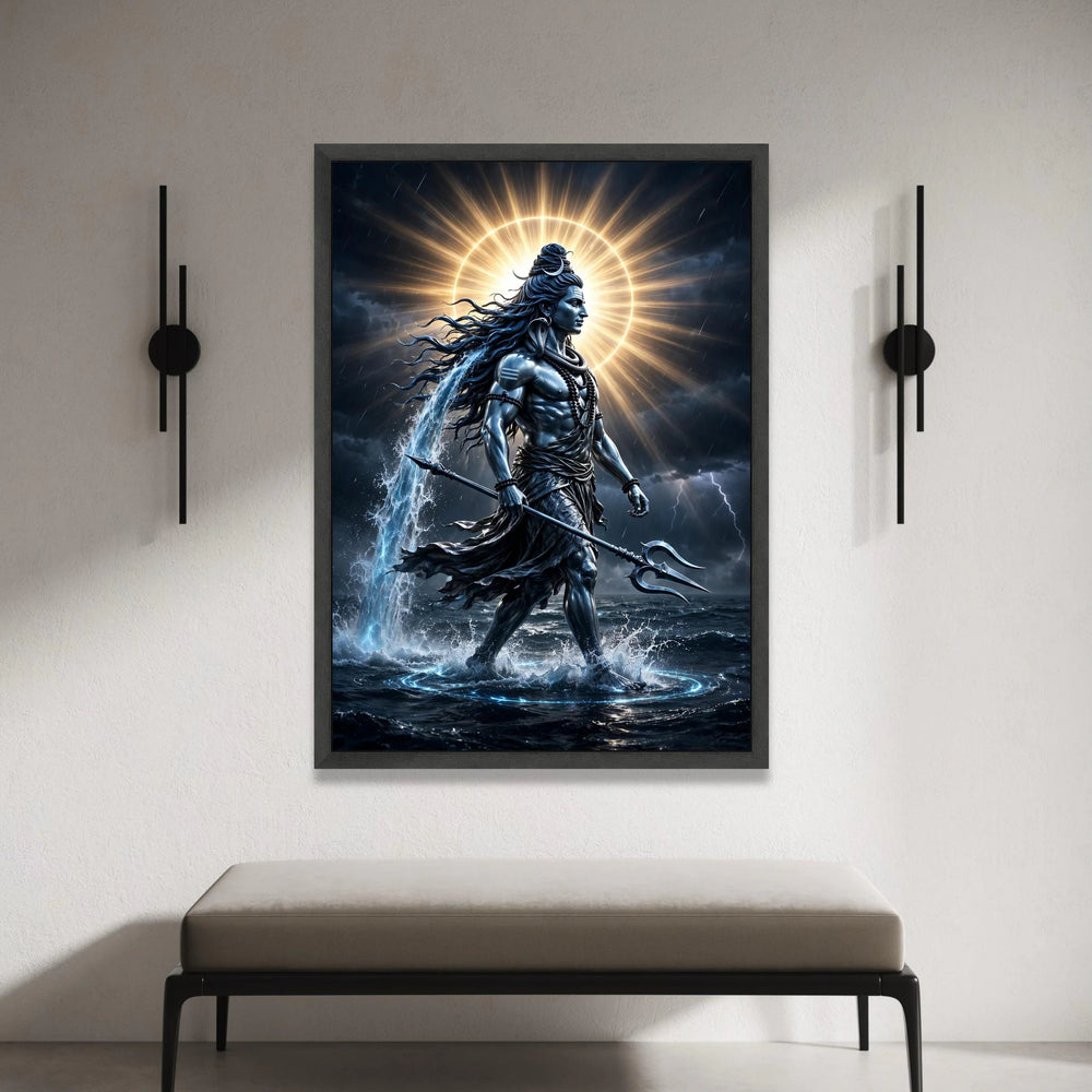 Powerful Shiva God Canvas Wall Art, Hindu Mythology Decor, Trident and Water Element Canvas, Divine Spiritual Wall Hanging, Canvas Print Art