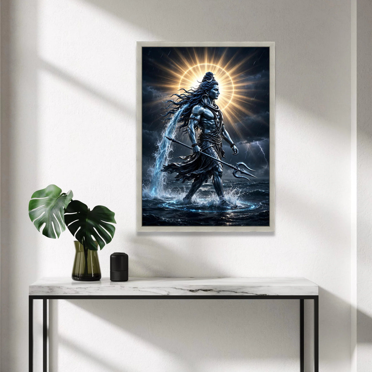 Powerful Shiva God Canvas Wall Art, Hindu Mythology Decor, Trident and Water Element Canvas, Divine Spiritual Wall Hanging, Canvas Print Art