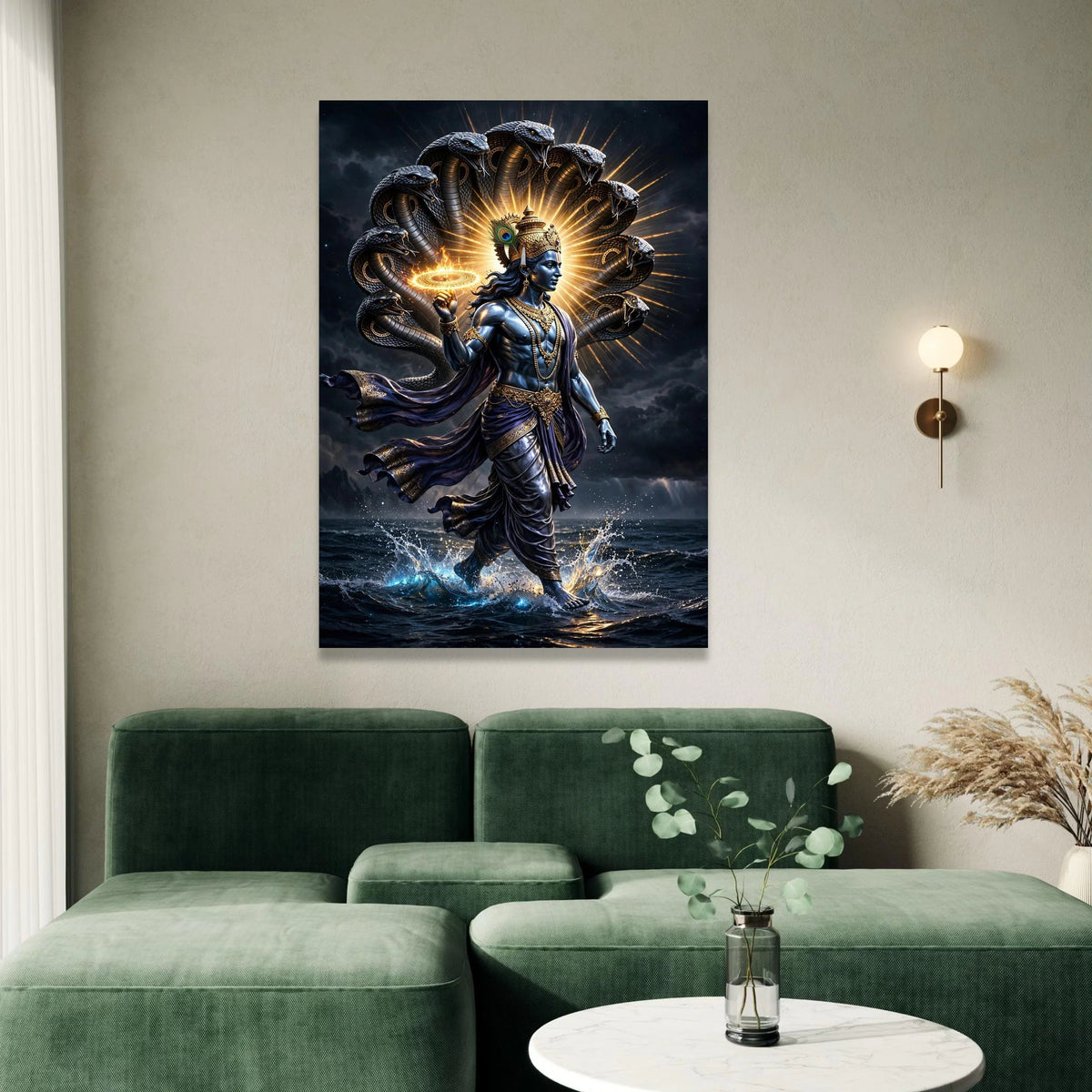 Divine Krishna Canvas Wall Art, Mythological Indian God Painting, Snake Hood Halo Design, Spiritual Hindu Canvas, Home Canvas Print Art