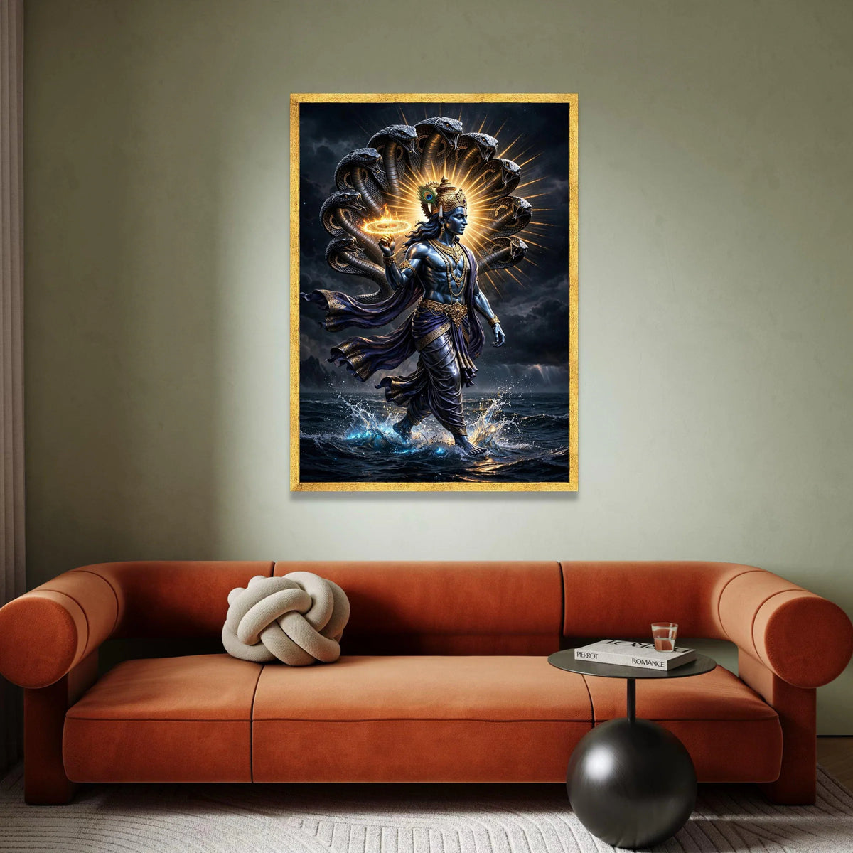 Divine Krishna Canvas Wall Art, Mythological Indian God Painting, Snake Hood Halo Design, Spiritual Hindu Canvas, Home Canvas Print Art