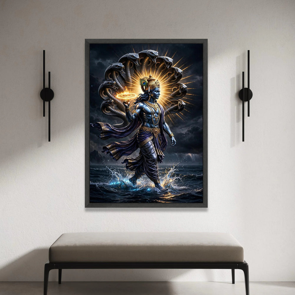 Divine Krishna Canvas Wall Art, Mythological Indian God Painting, Snake Hood Halo Design, Spiritual Hindu Canvas, Home Canvas Print Art