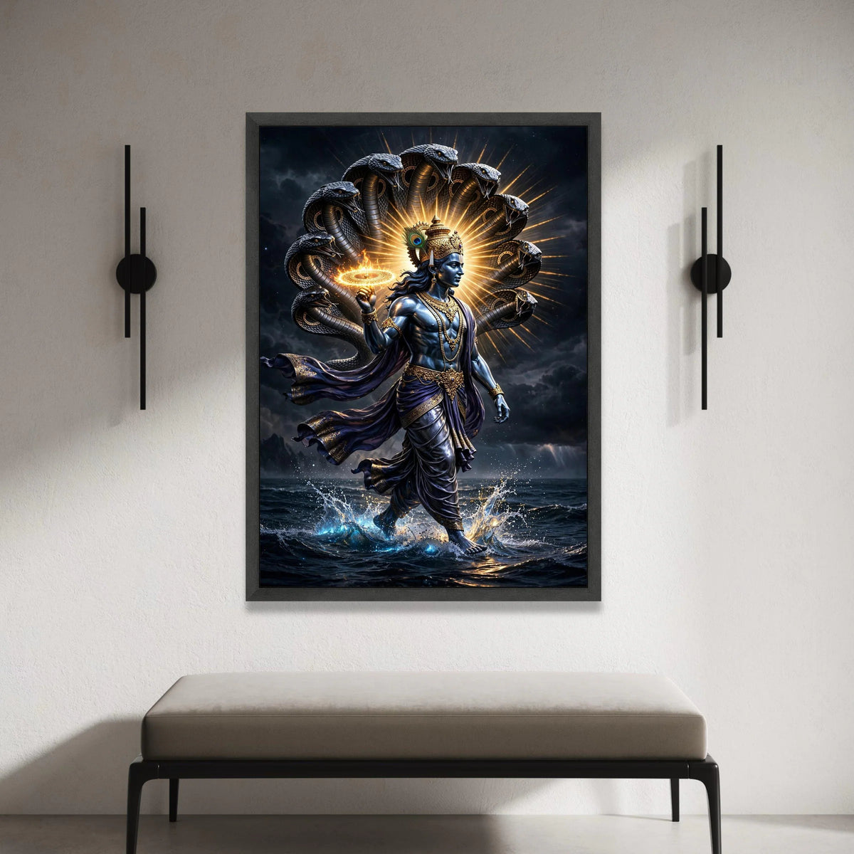 Divine Krishna Canvas Wall Art, Mythological Indian God Painting, Snake Hood Halo Design, Spiritual Hindu Canvas, Home Canvas Print Art