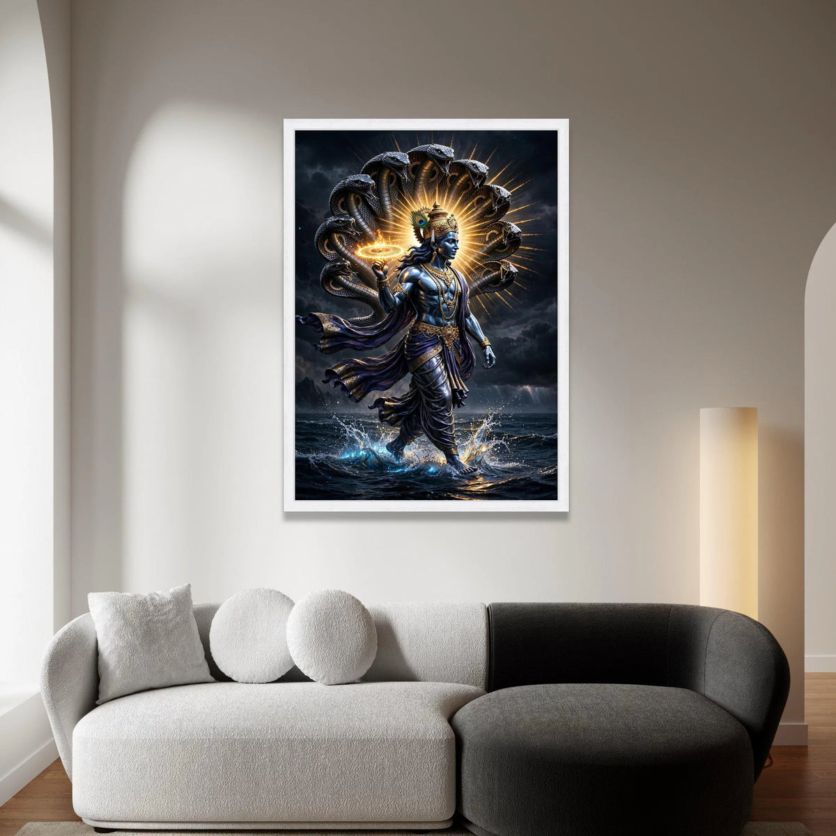 Divine Krishna Canvas Wall Art, Mythological Indian God Painting, Snake Hood Halo Design, Spiritual Hindu Canvas, Home Canvas Print Art
