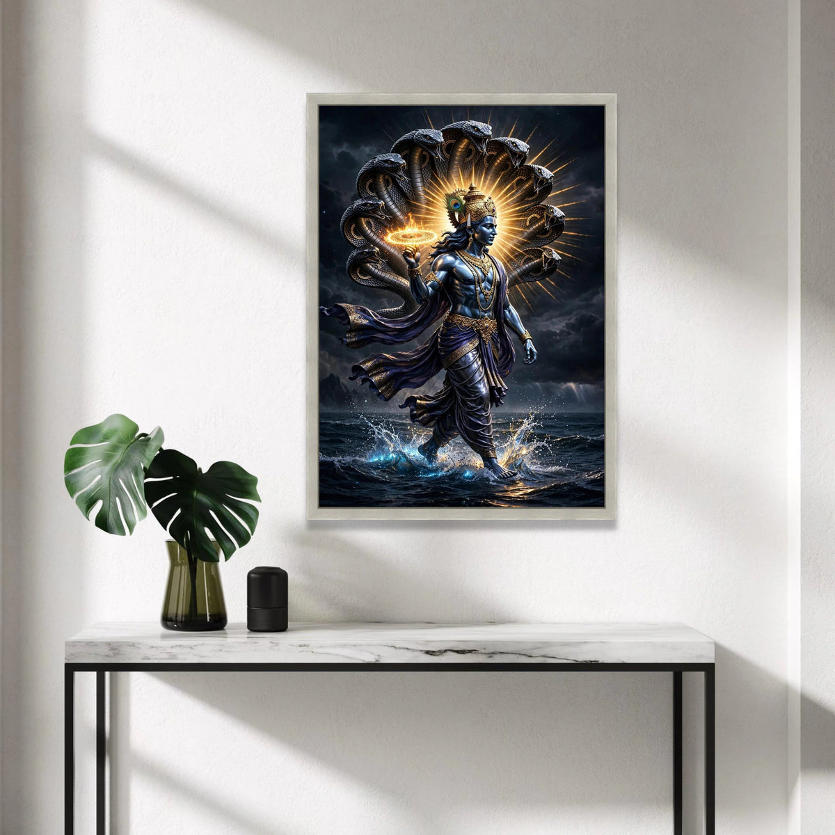 Divine Krishna Canvas Wall Art, Mythological Indian God Painting, Snake Hood Halo Design, Spiritual Hindu Canvas, Home Canvas Print Art