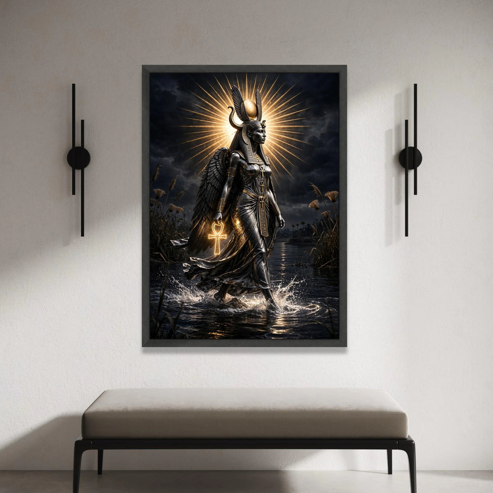 Egyptian Goddess Canvas Wall Art, Ancient Mythology Decor, Winged Deity Canvas, Spiritual Home Decoration, Ankh Symbol Canvas Print Art
