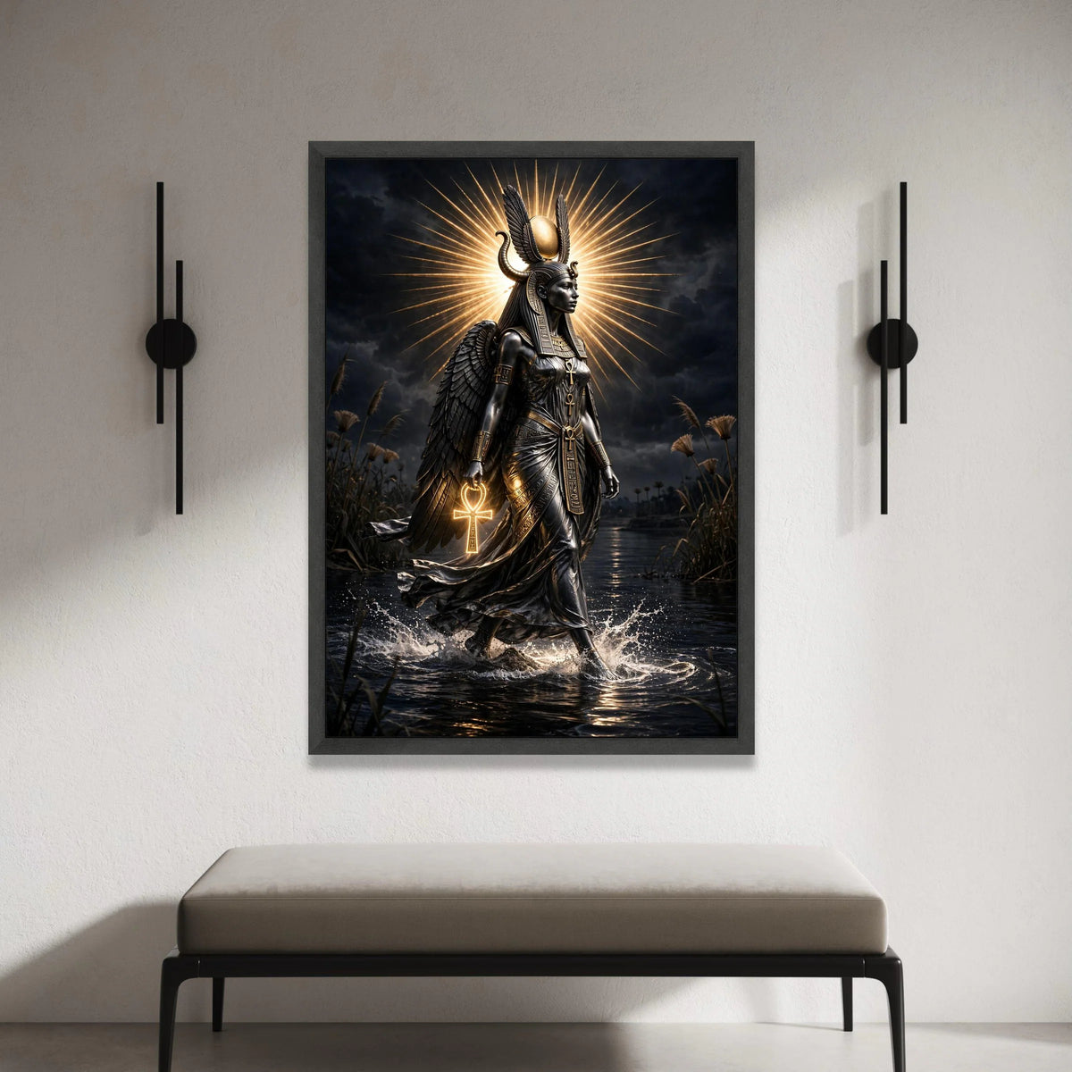 Egyptian Goddess Canvas Wall Art, Ancient Mythology Decor, Winged Deity Canvas, Spiritual Home Decoration, Ankh Symbol Canvas Print Art