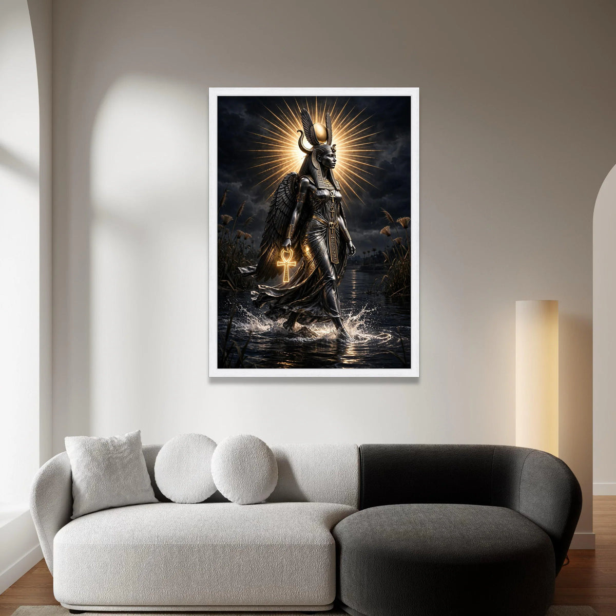 Egyptian Goddess Canvas Wall Art, Ancient Mythology Decor, Winged Deity Canvas, Spiritual Home Decoration, Ankh Symbol Canvas Print Art