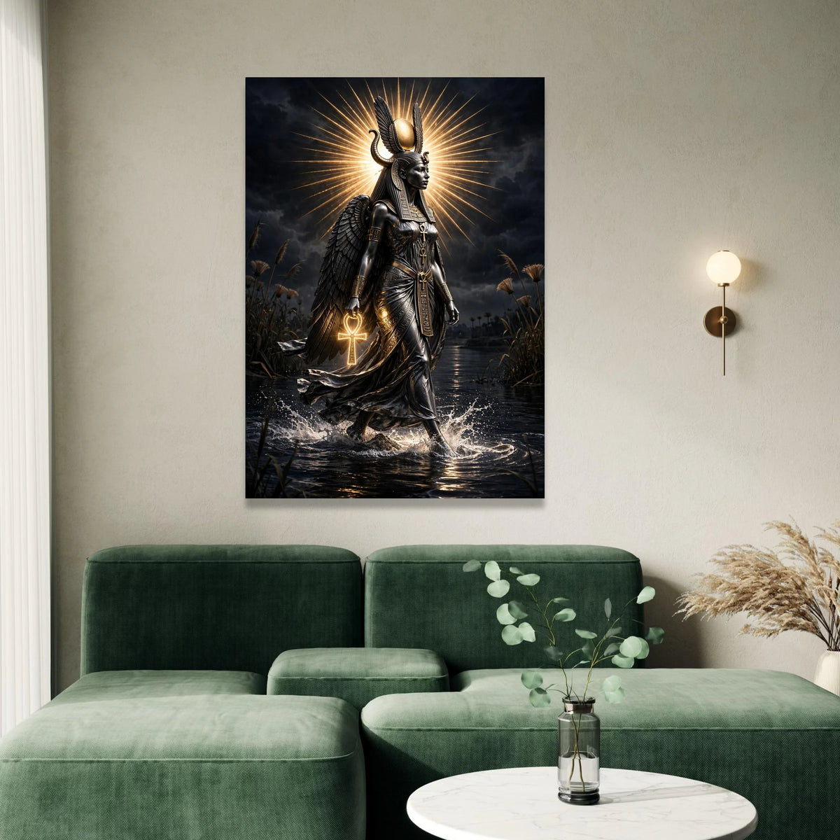 Egyptian Goddess Canvas Wall Art, Ancient Mythology Decor, Winged Deity Canvas, Spiritual Home Decoration, Ankh Symbol Canvas Print Art