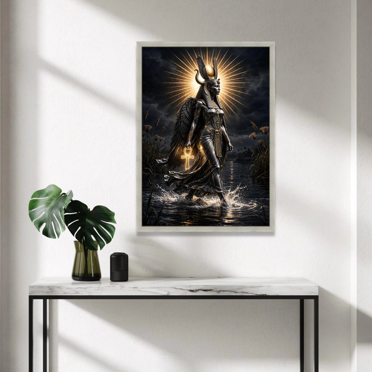 Egyptian Goddess Canvas Wall Art, Ancient Mythology Decor, Winged Deity Canvas, Spiritual Home Decoration, Ankh Symbol Canvas Print Art