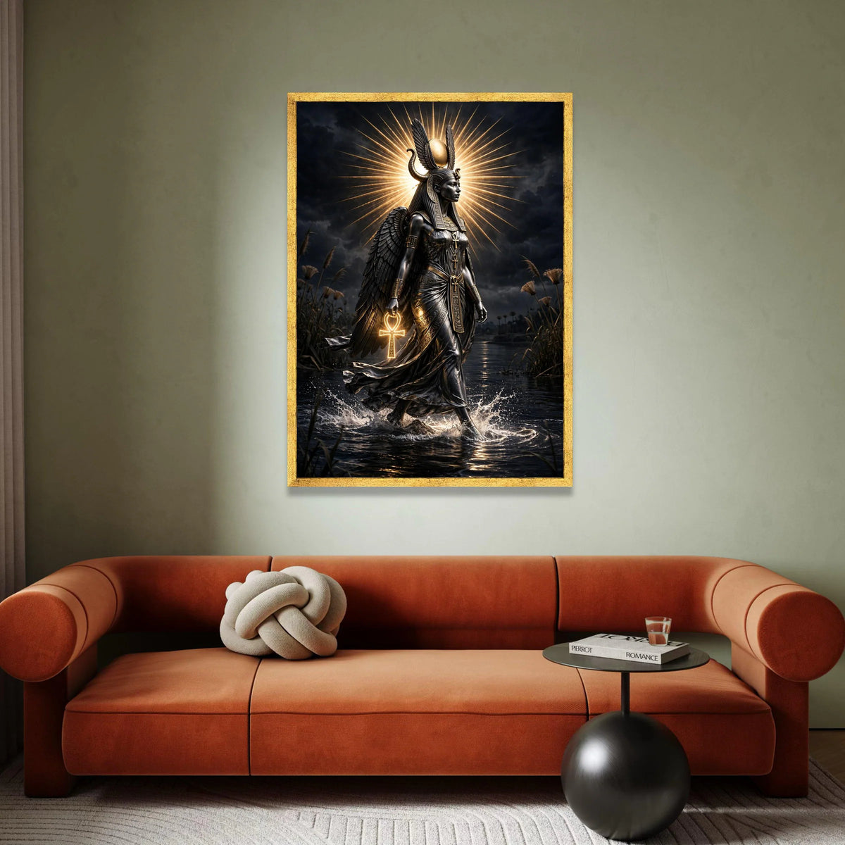 Egyptian Goddess Canvas Wall Art, Ancient Mythology Decor, Winged Deity Canvas, Spiritual Home Decoration, Ankh Symbol Canvas Print Art