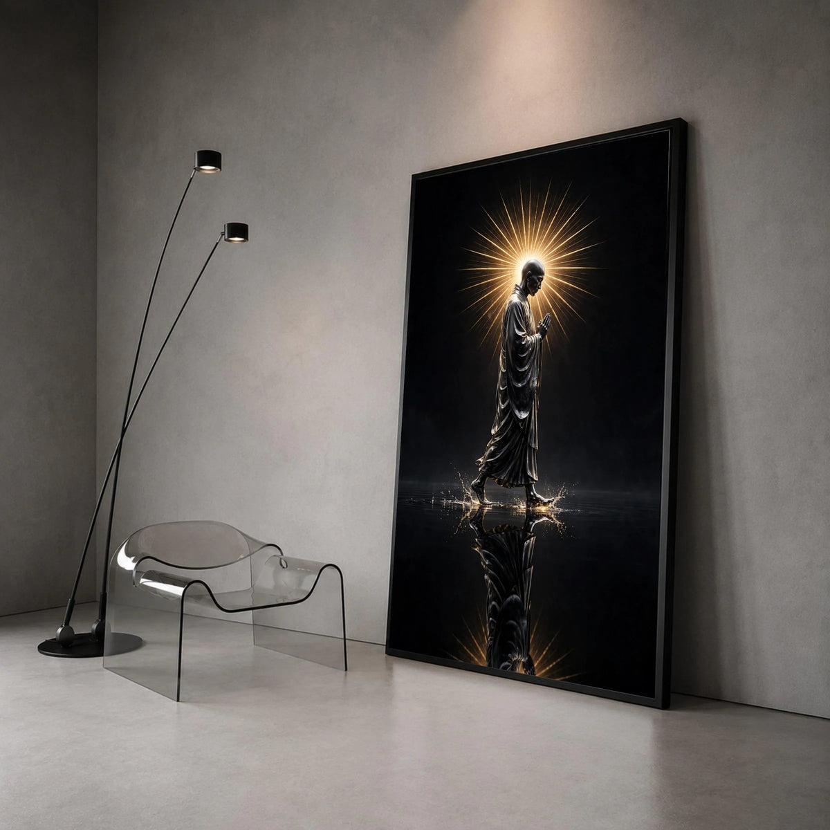 Serene Monk Walking Canvas, Radiant Halo Wall Art, Spiritual Meditation Decor, Reflective Water Scene, Zen Canvas Art Canvas Print Art