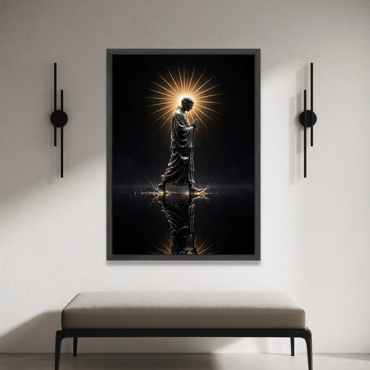 Serene Monk Walking Canvas, Radiant Halo Wall Art, Spiritual Meditation Decor, Reflective Water Scene, Zen Canvas Art Canvas Print Art
