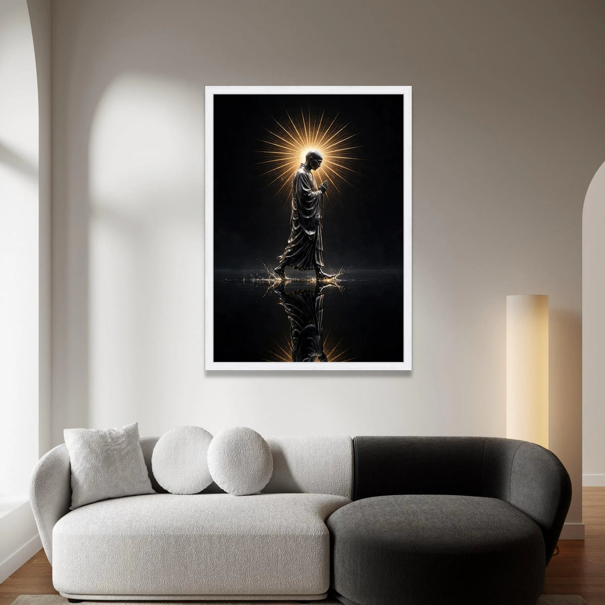 Serene Monk Walking Canvas, Radiant Halo Wall Art, Spiritual Meditation Decor, Reflective Water Scene, Zen Canvas Art Canvas Print Art
