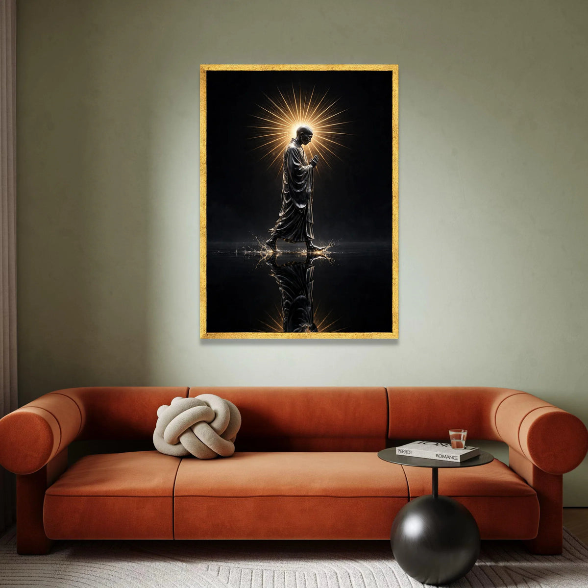 Serene Monk Walking Canvas, Radiant Halo Wall Art, Spiritual Meditation Decor, Reflective Water Scene, Zen Canvas Art Canvas Print Art