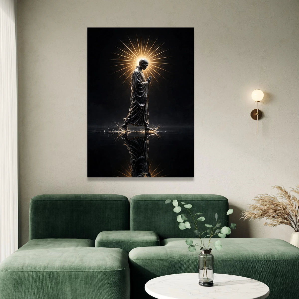 Serene Monk Walking Canvas, Radiant Halo Wall Art, Spiritual Meditation Decor, Reflective Water Scene, Zen Canvas Art Canvas Print Art