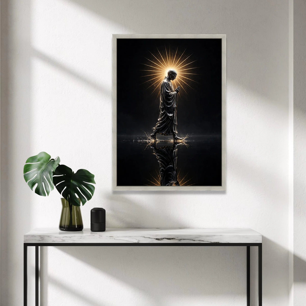 Serene Monk Walking Canvas, Radiant Halo Wall Art, Spiritual Meditation Decor, Reflective Water Scene, Zen Canvas Art Canvas Print Art