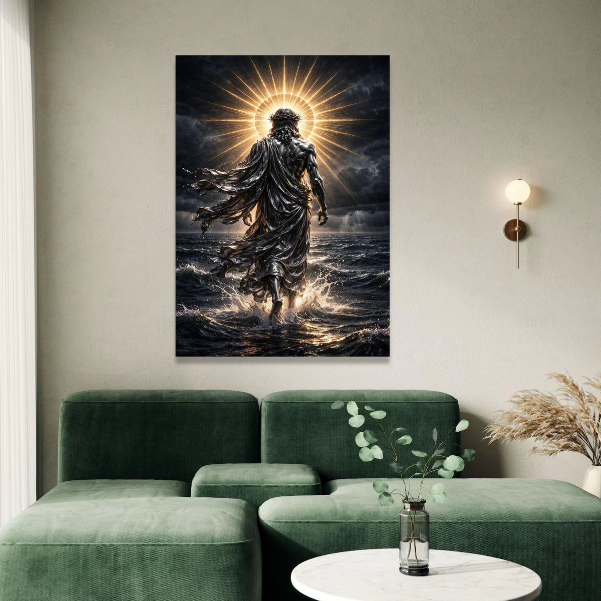 Radiant Divine Figure Walking on Water Canvas, Spiritual Wall Art, Halo Light Canvas, Inspirational Religious Decoration, Canvas Print Art