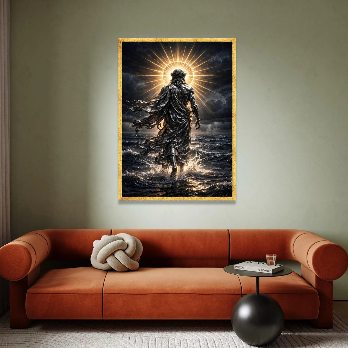 Radiant Divine Figure Walking on Water Canvas, Spiritual Wall Art, Halo Light Canvas, Inspirational Religious Decoration, Canvas Print Art