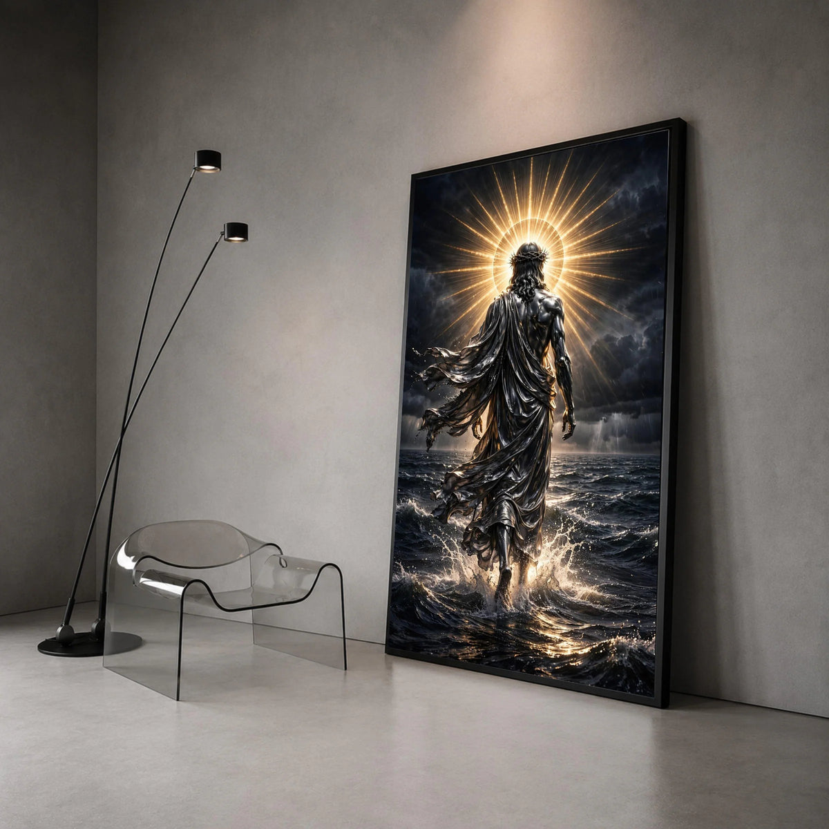 Radiant Divine Figure Walking on Water Canvas, Spiritual Wall Art, Halo Light Canvas, Inspirational Religious Decoration, Canvas Print Art
