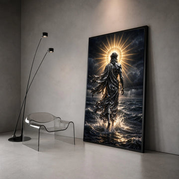 Radiant Divine Figure Walking on Water Canvas, Spiritual Wall Art, Halo Light Canvas, Inspirational Religious Decoration, Canvas Print Art