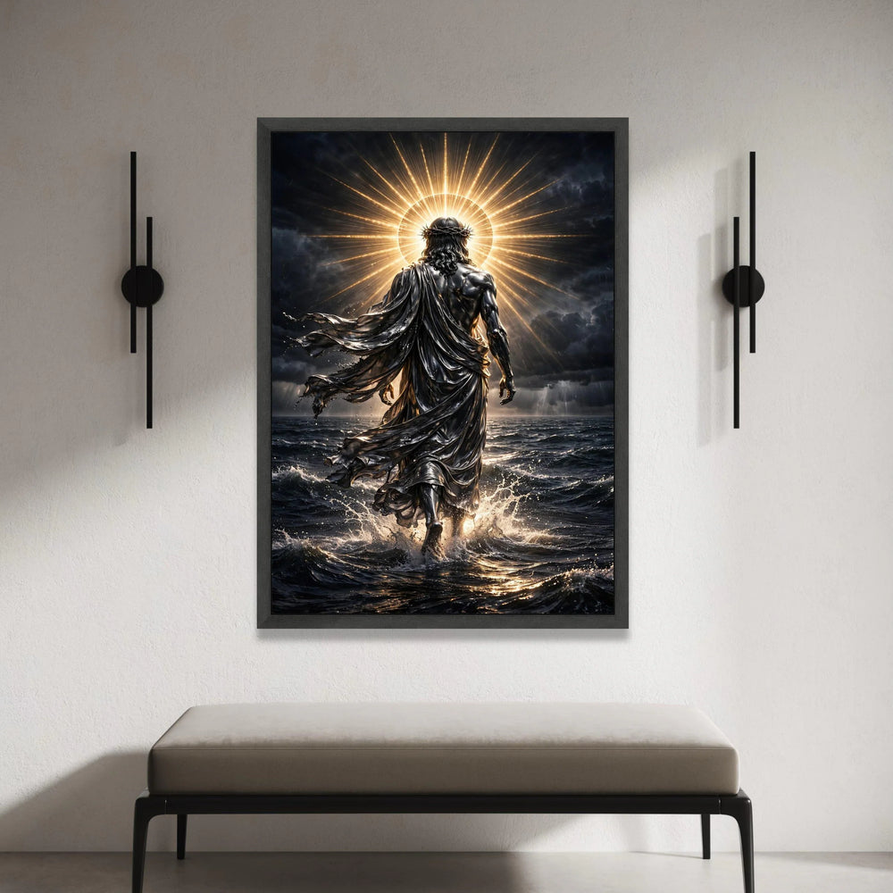 Radiant Divine Figure Walking on Water Canvas, Spiritual Wall Art, Halo Light Canvas, Inspirational Religious Decoration, Canvas Print Art