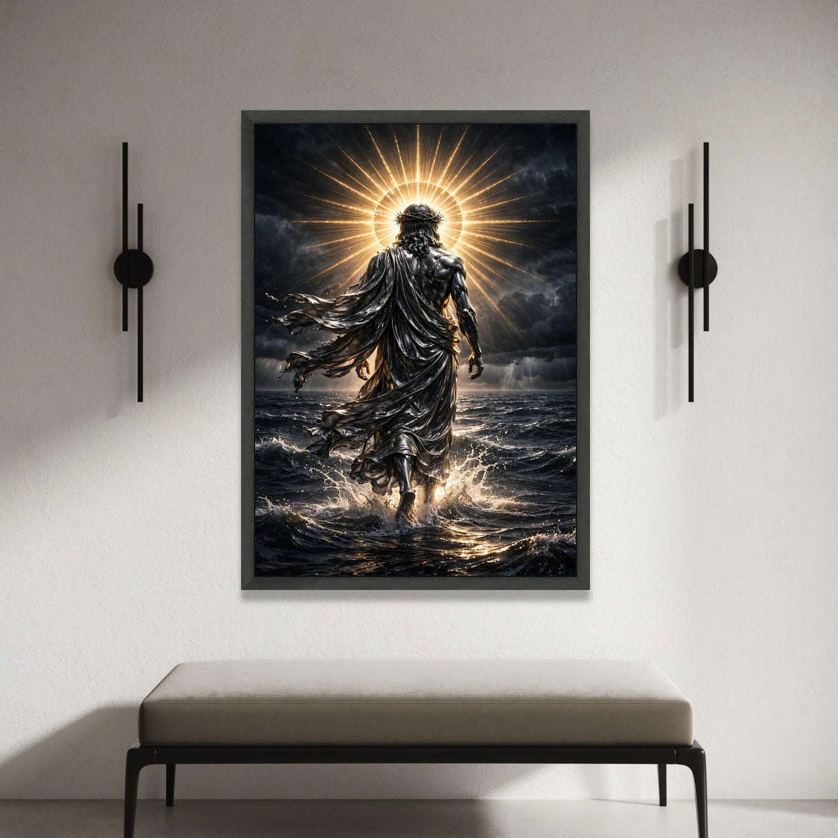 Radiant Divine Figure Walking on Water Canvas, Spiritual Wall Art, Halo Light Canvas, Inspirational Religious Decoration, Canvas Print Art