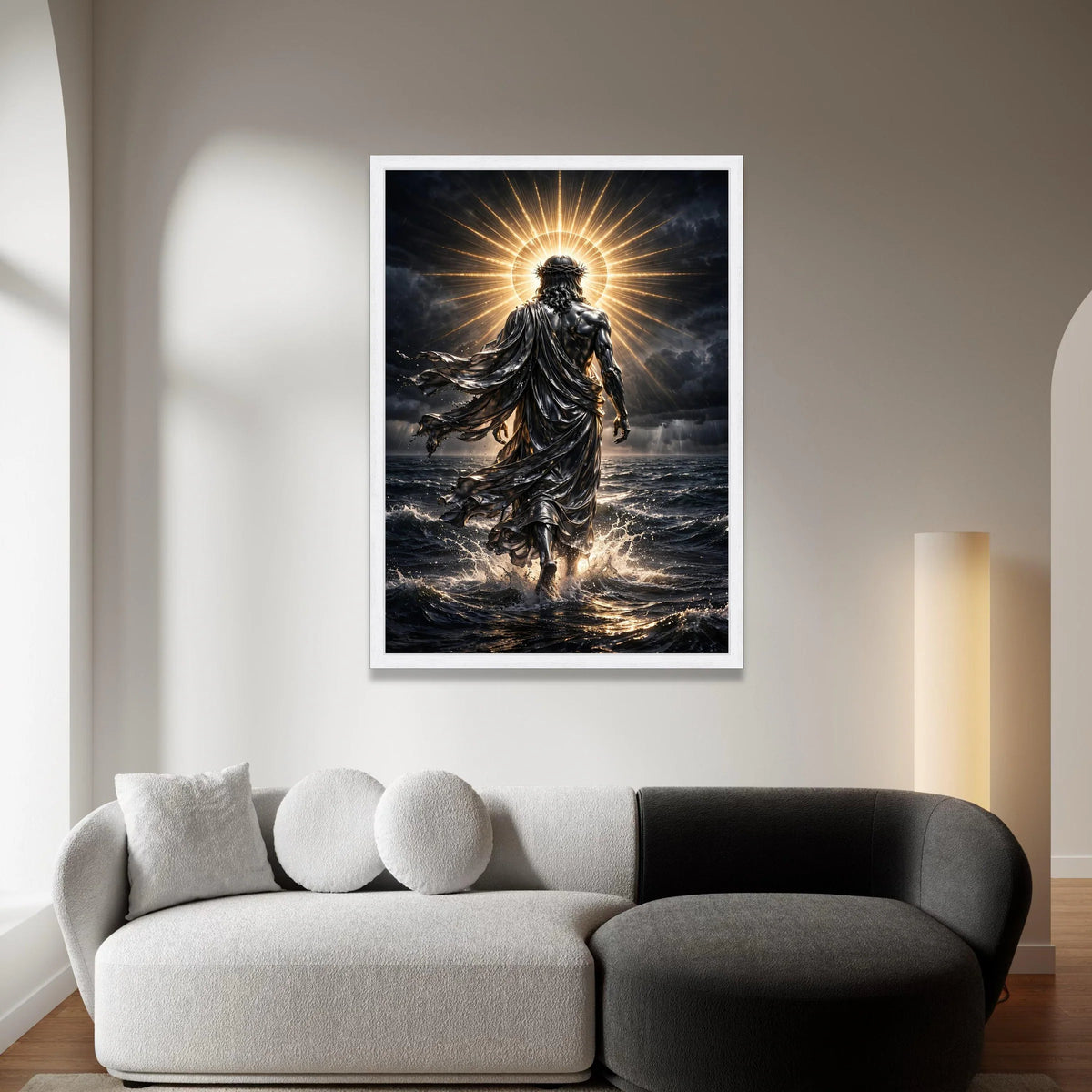Radiant Divine Figure Walking on Water Canvas, Spiritual Wall Art, Halo Light Canvas, Inspirational Religious Decoration, Canvas Print Art