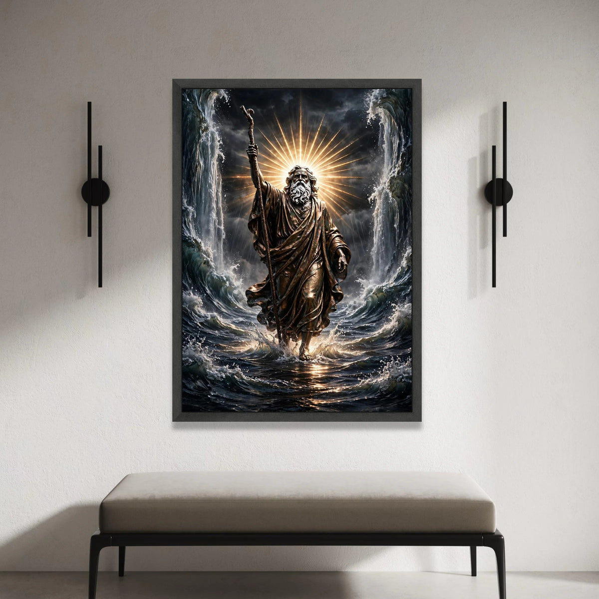 Epic Moses Parting Sea Canvas Wall Art, Biblical Spiritual Decor, Divine Light Rays Canvas, Inspirational Religious Artwork Canvas Print Art
