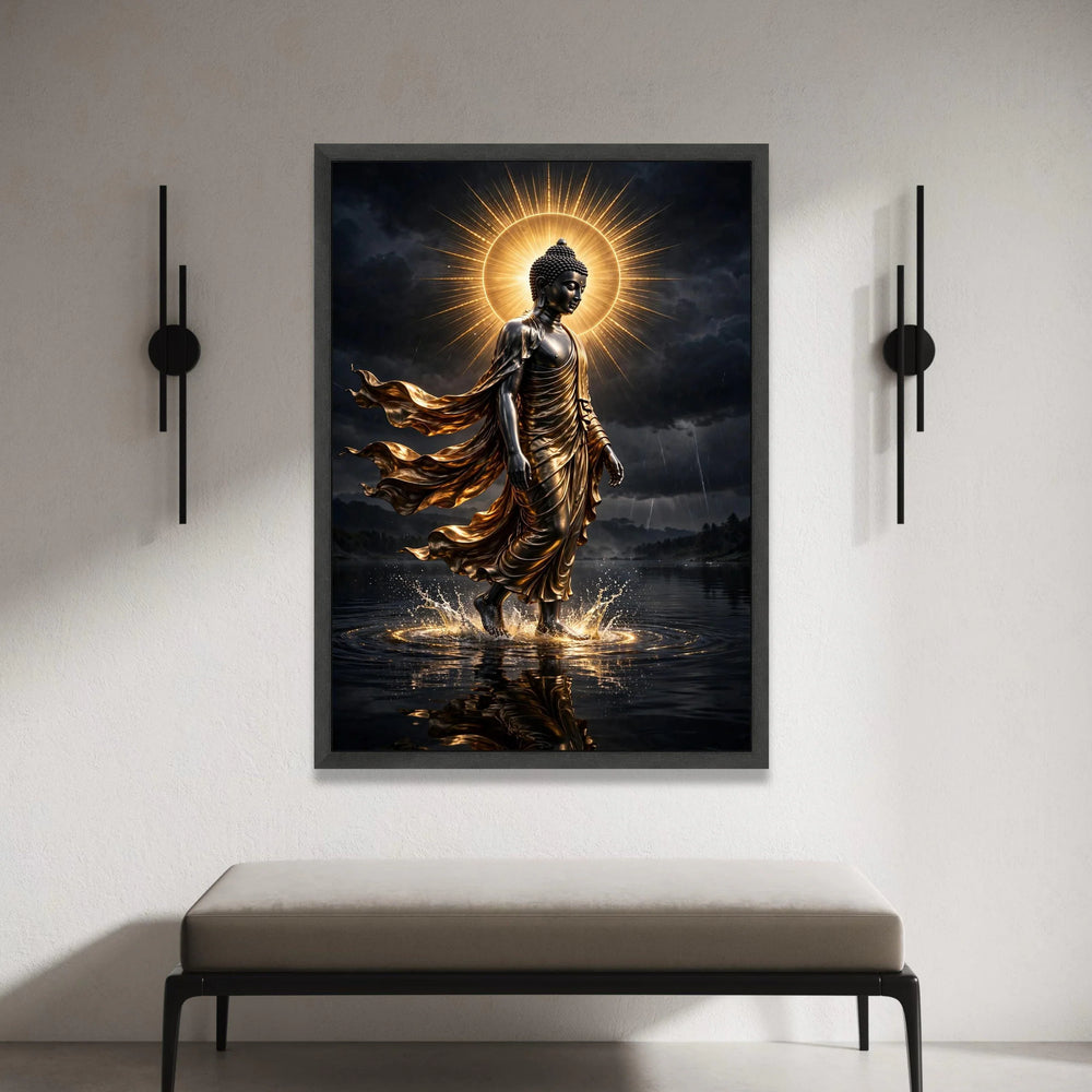 Radiant Buddha Walking on Water Canvas, Spiritual Wall Art, Golden Light Aura, Calm Meditation Canvas, Zen Home Decoration Canvas Print Art