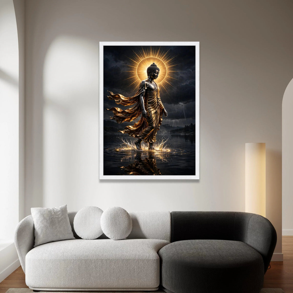Radiant Buddha Walking on Water Canvas, Spiritual Wall Art, Golden Light Aura, Calm Meditation Canvas, Zen Home Decoration Canvas Print Art