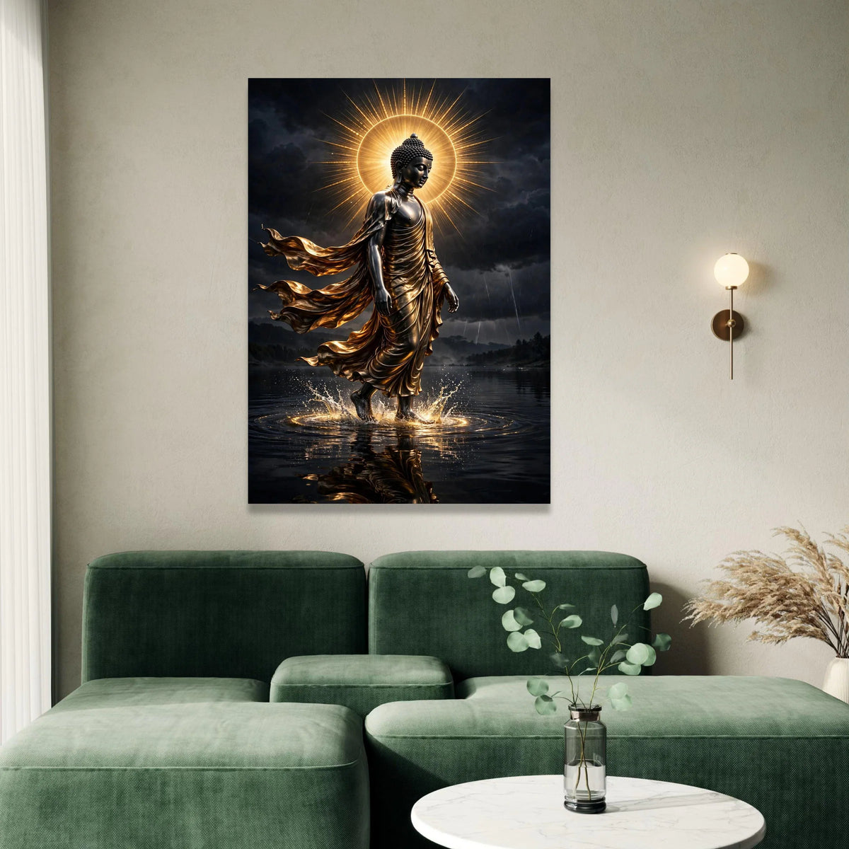 Radiant Buddha Walking on Water Canvas, Spiritual Wall Art, Golden Light Aura, Calm Meditation Canvas, Zen Home Decoration Canvas Print Art