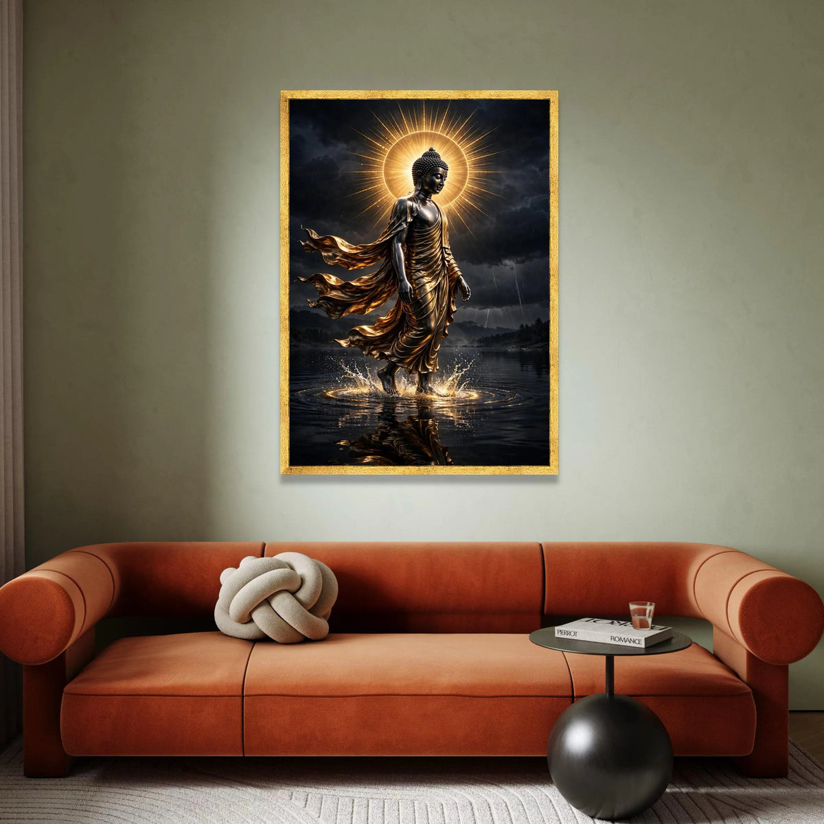 Radiant Buddha Walking on Water Canvas, Spiritual Wall Art, Golden Light Aura, Calm Meditation Canvas, Zen Home Decoration Canvas Print Art