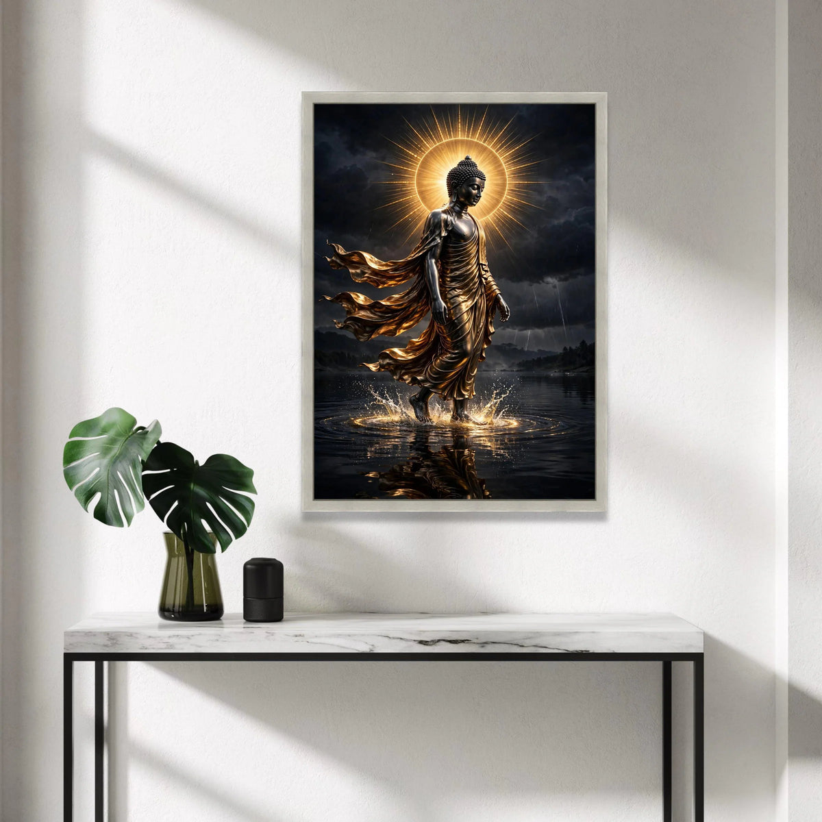 Radiant Buddha Walking on Water Canvas, Spiritual Wall Art, Golden Light Aura, Calm Meditation Canvas, Zen Home Decoration Canvas Print Art