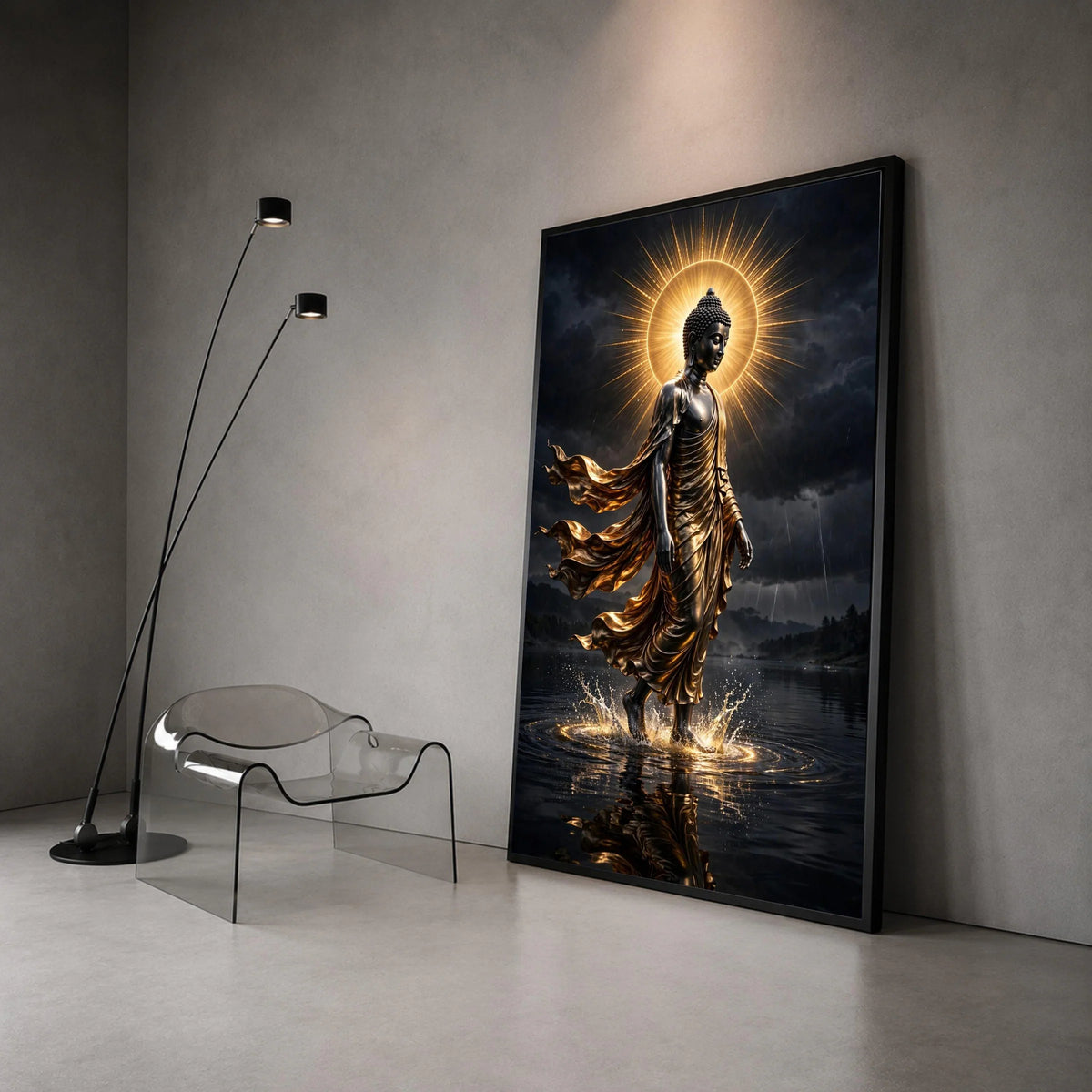 Radiant Buddha Walking on Water Canvas, Spiritual Wall Art, Golden Light Aura, Calm Meditation Canvas, Zen Home Decoration Canvas Print Art