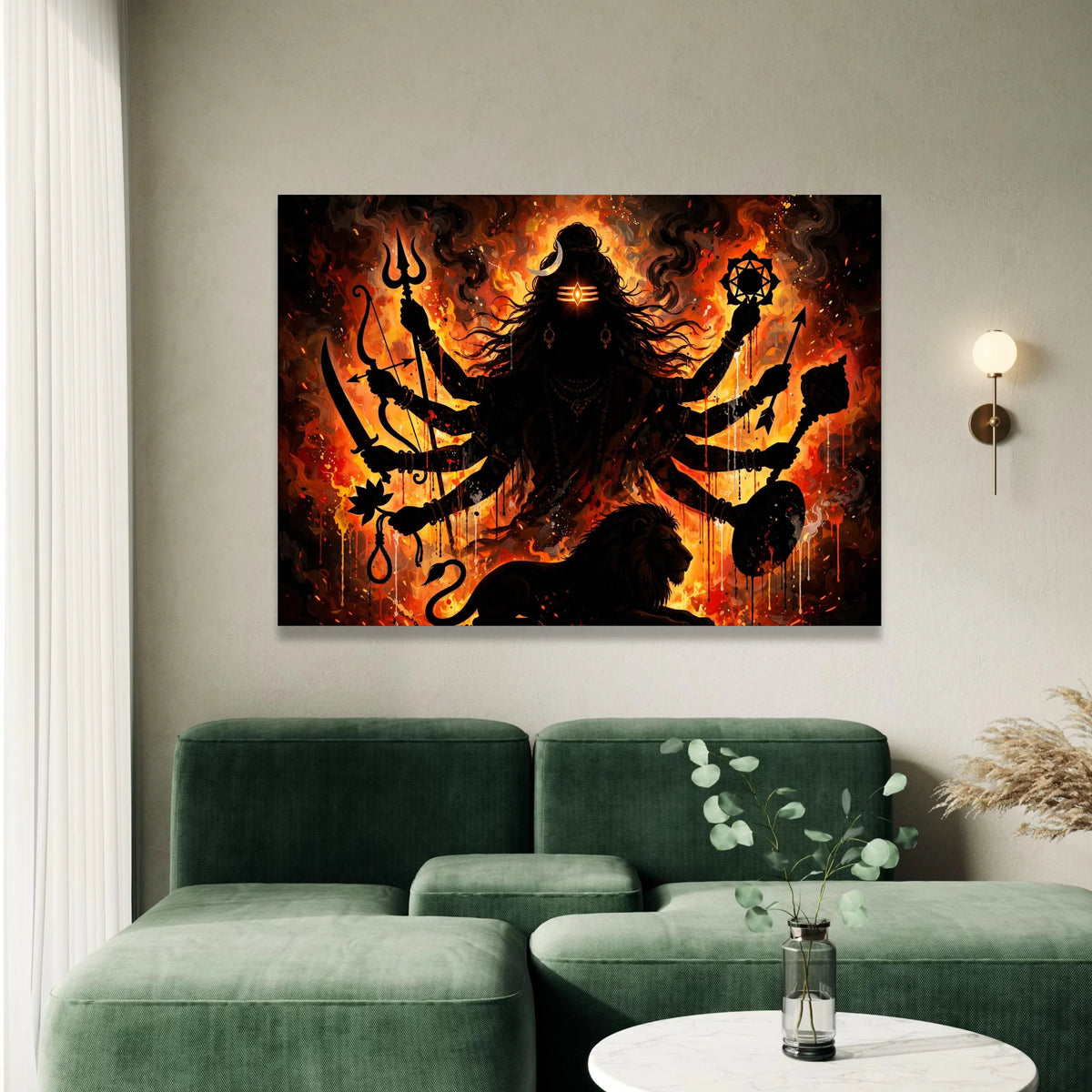 Fierce Goddess with Multiple Arms Canvas, Divine Warrior Silhouette Wall Art, Mystical Fire Background, Spiritual Canvas Canvas Print Art