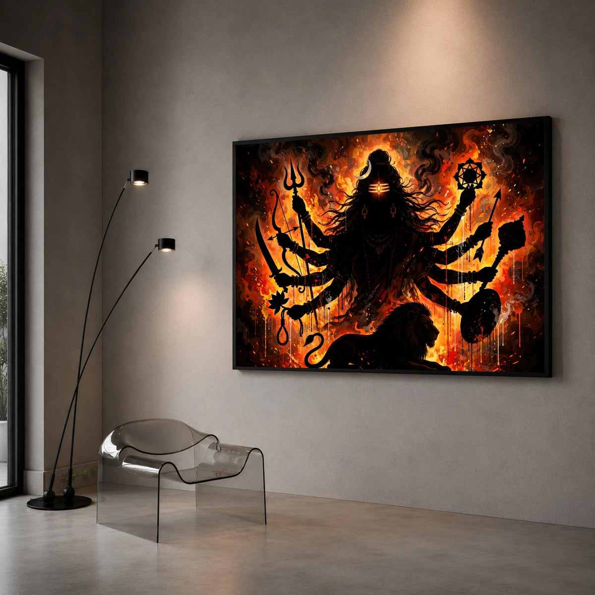 Fierce Goddess with Multiple Arms Canvas, Divine Warrior Silhouette Wall Art, Mystical Fire Background, Spiritual Canvas Canvas Print Art