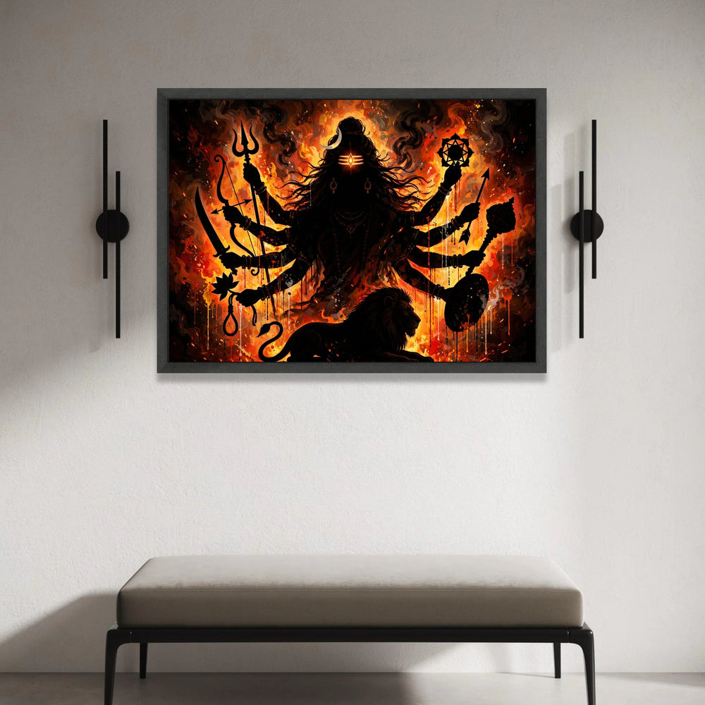 Fierce Goddess with Multiple Arms Canvas, Divine Warrior Silhouette Wall Art, Mystical Fire Background, Spiritual Canvas Canvas Print Art