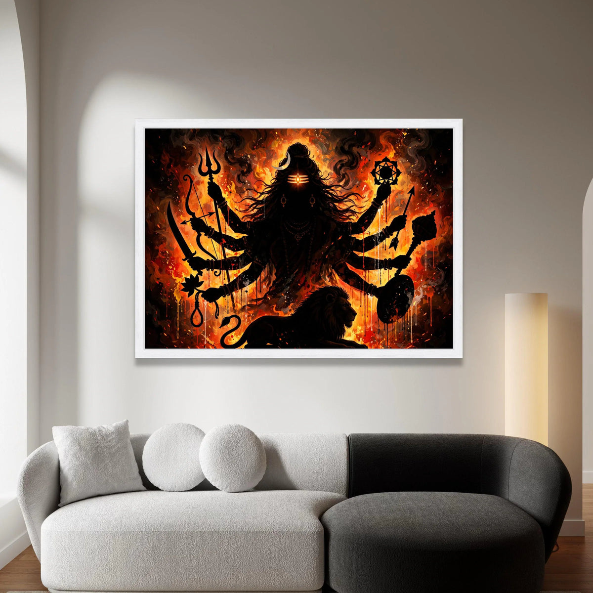 Fierce Goddess with Multiple Arms Canvas, Divine Warrior Silhouette Wall Art, Mystical Fire Background, Spiritual Canvas Canvas Print Art