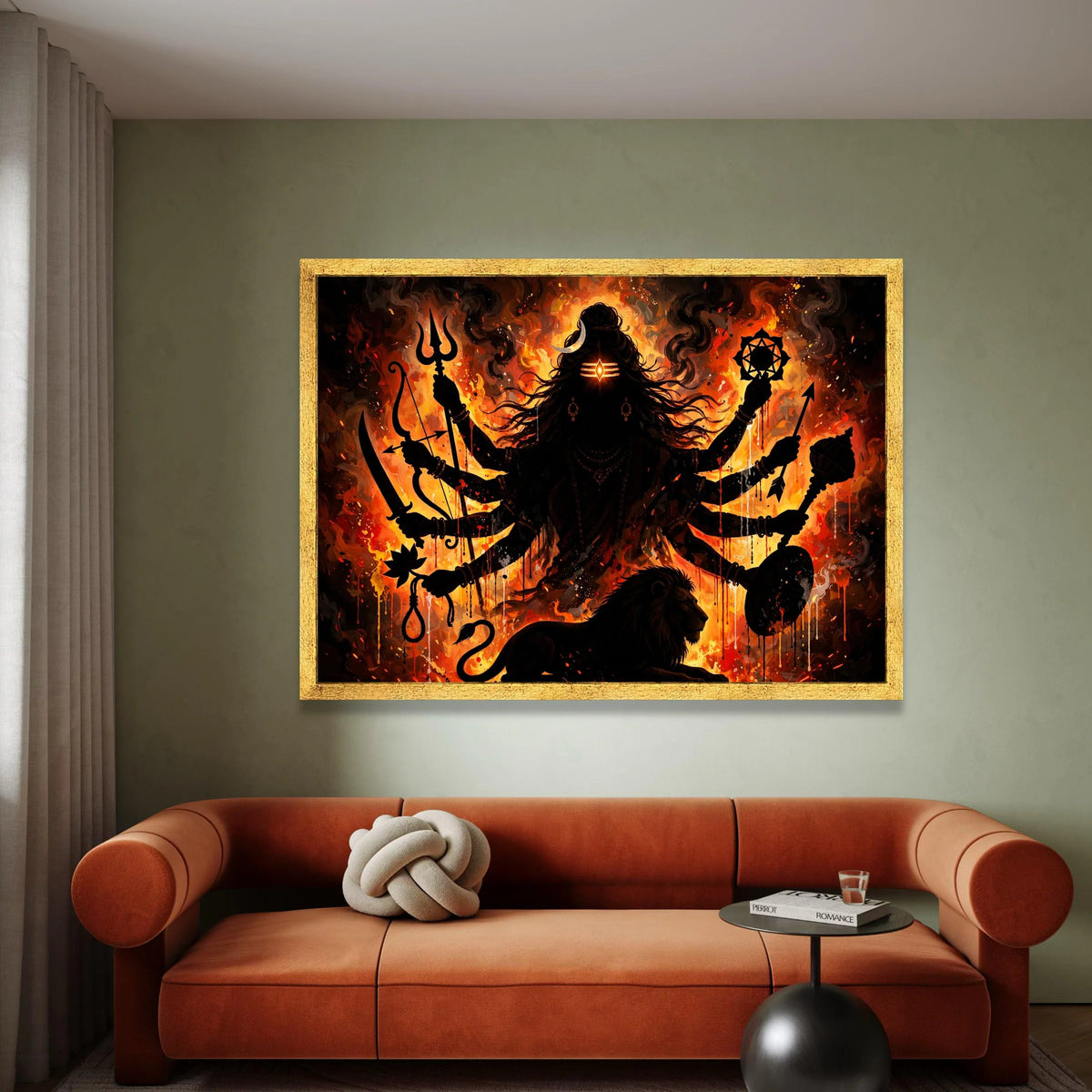 Fierce Goddess with Multiple Arms Canvas, Divine Warrior Silhouette Wall Art, Mystical Fire Background, Spiritual Canvas Canvas Print Art