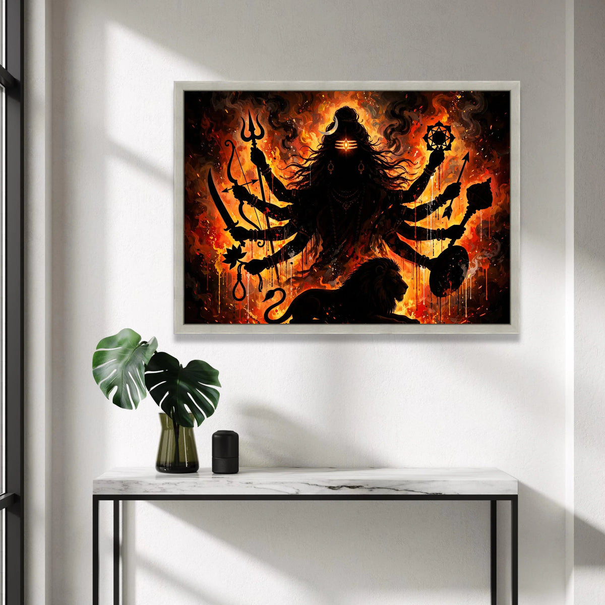 Fierce Goddess with Multiple Arms Canvas, Divine Warrior Silhouette Wall Art, Mystical Fire Background, Spiritual Canvas Canvas Print Art