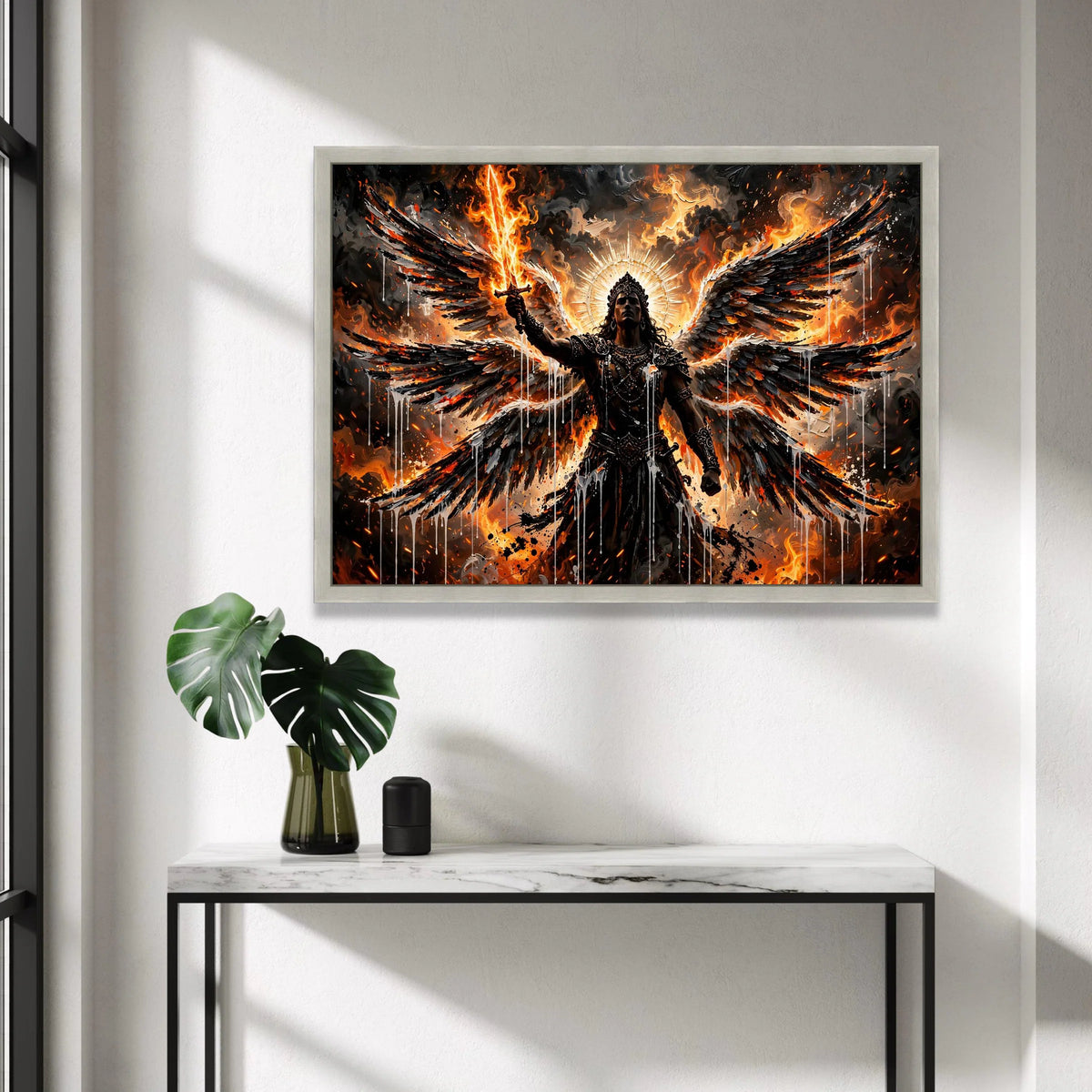 Fiery Archangel with Flaming Sword Canvas, Dark Angel Wings Wall Art, Mythical Warrior Illustration, Fantasy Battle Scene Canvas Print Art