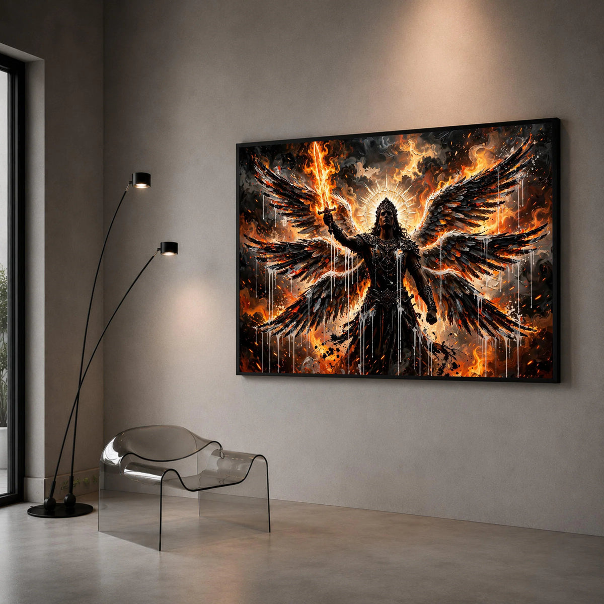 Fiery Archangel with Flaming Sword Canvas, Dark Angel Wings Wall Art, Mythical Warrior Illustration, Fantasy Battle Scene Canvas Print Art