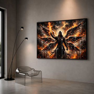 Fiery Archangel with Flaming Sword Canvas, Dark Angel Wings Wall Art, Mythical Warrior Illustration, Fantasy Battle Scene Canvas Print Art