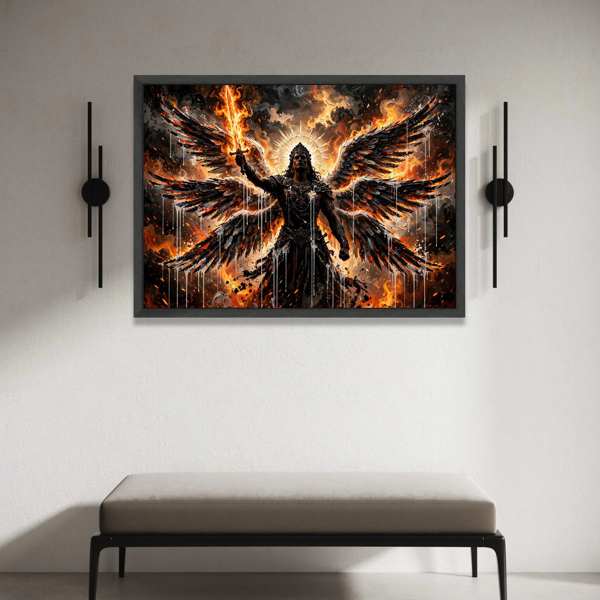Fiery Archangel with Flaming Sword Canvas, Dark Angel Wings Wall Art, Mythical Warrior Illustration, Fantasy Battle Scene Canvas Print Art