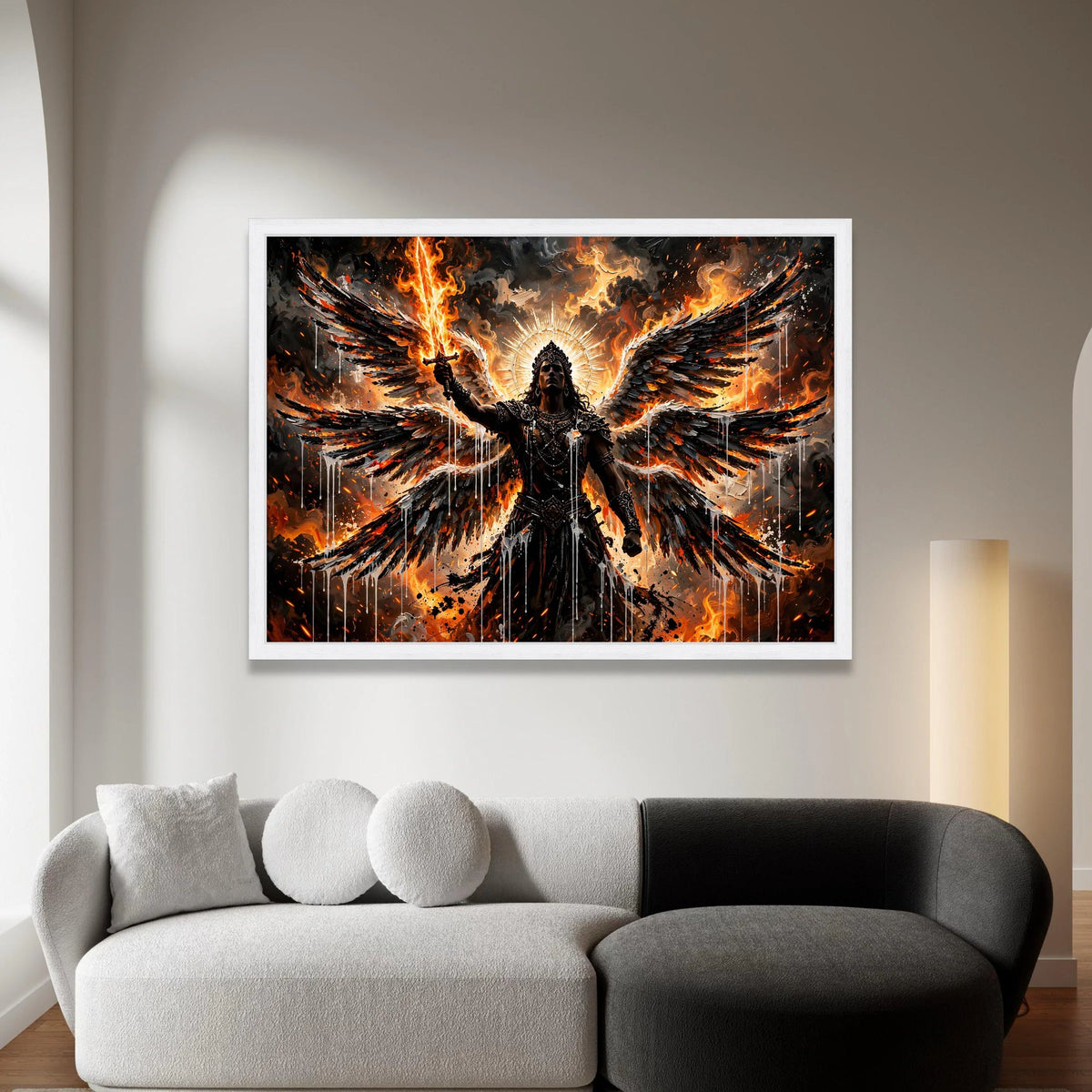Fiery Archangel with Flaming Sword Canvas, Dark Angel Wings Wall Art, Mythical Warrior Illustration, Fantasy Battle Scene Canvas Print Art