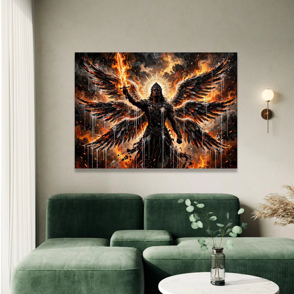 Fiery Archangel with Flaming Sword Canvas, Dark Angel Wings Wall Art, Mythical Warrior Illustration, Fantasy Battle Scene Canvas Print Art