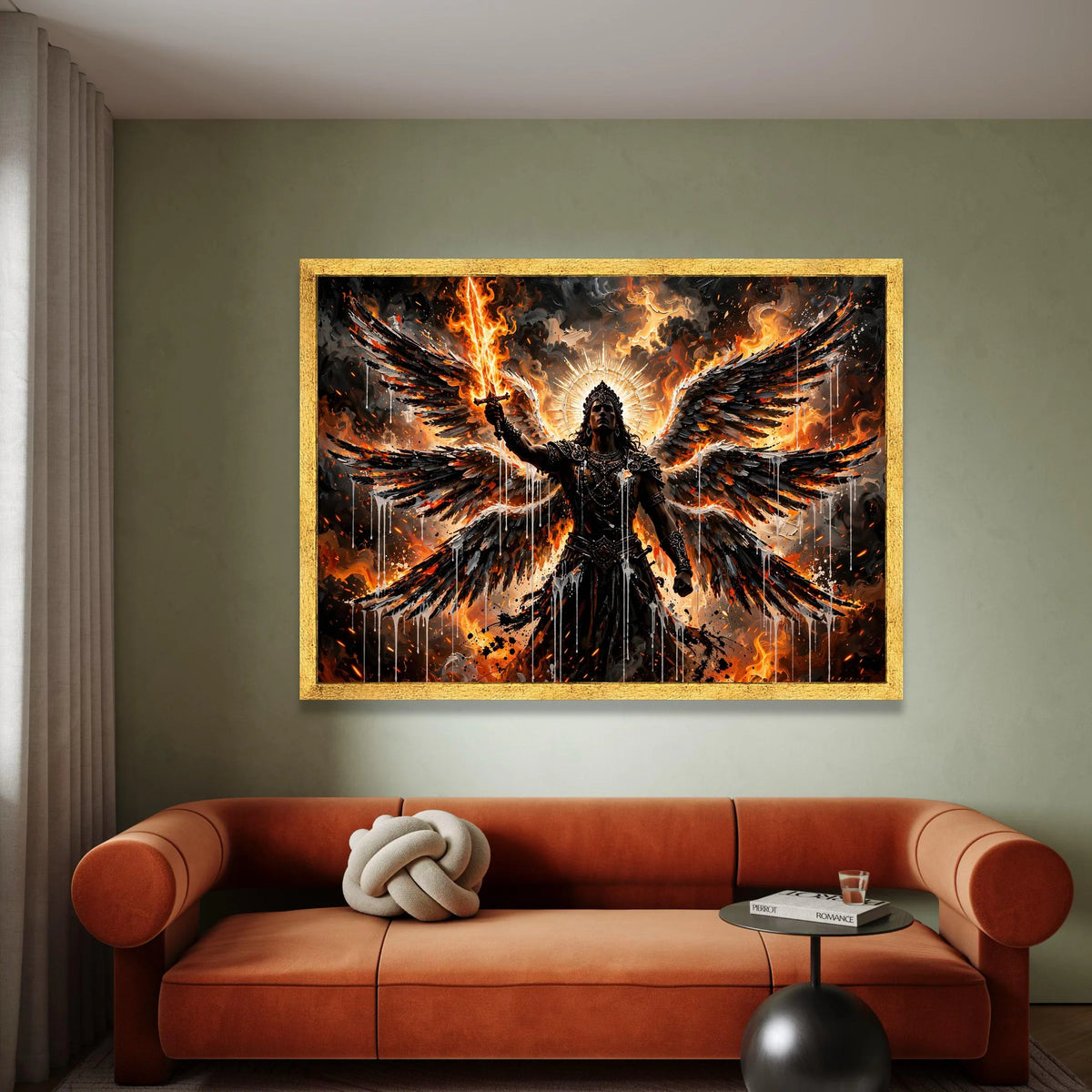 Fiery Archangel with Flaming Sword Canvas, Dark Angel Wings Wall Art, Mythical Warrior Illustration, Fantasy Battle Scene Canvas Print Art