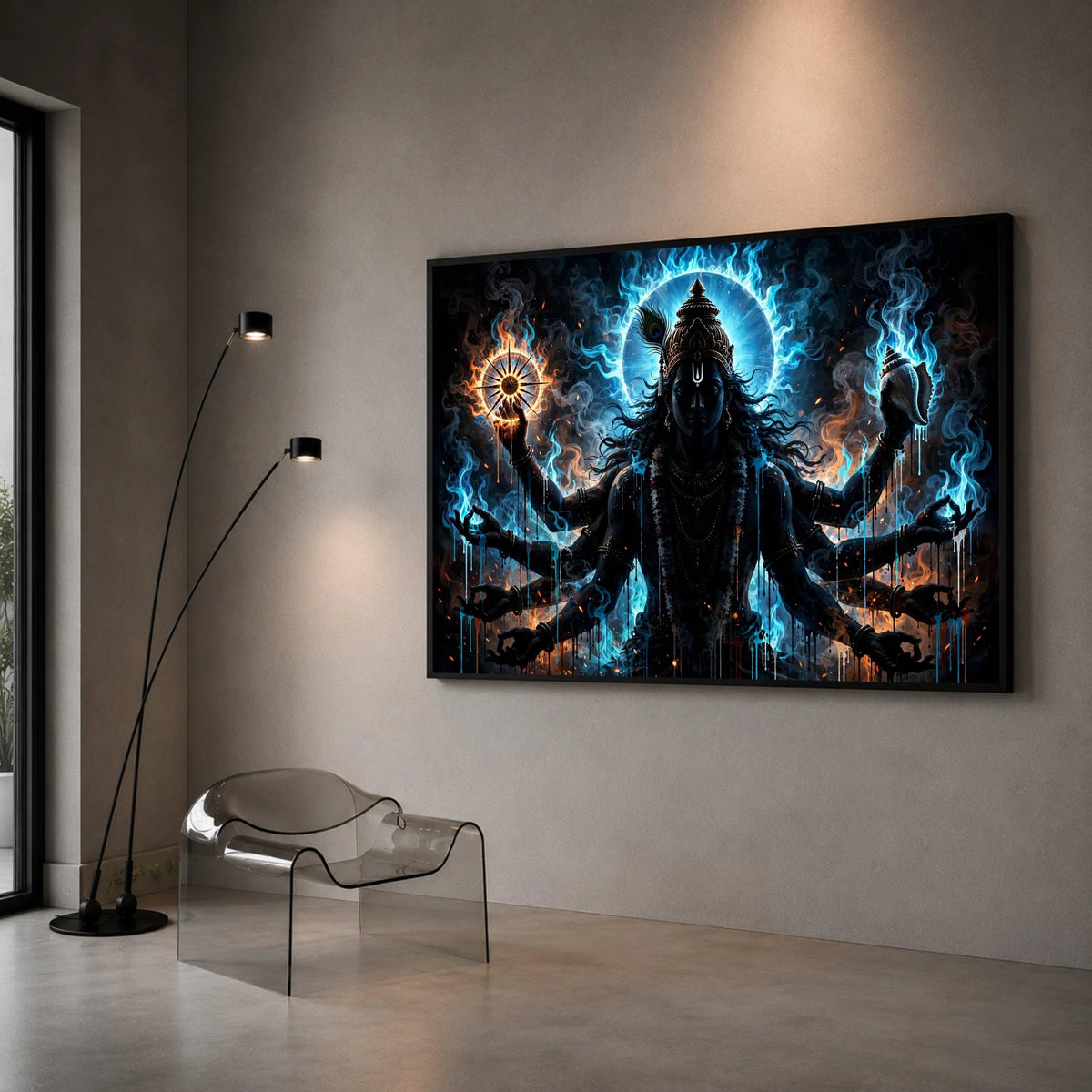 Mystical Hindu Deity Canvas Wall Art, Spiritual Lord Vishnu Painting, Divine Energy Home Decoration, Blue and Orange Flame Canvas Print Art